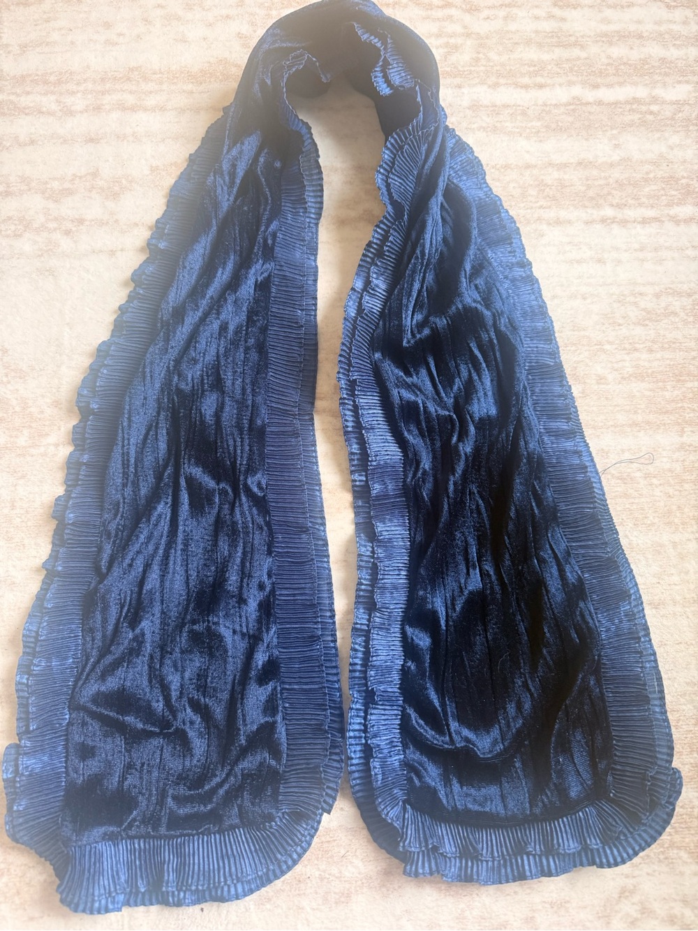 Plush Navy Velvet Women's Scarf with Pleated Trim